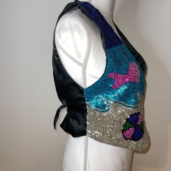 Serious Fun Sequin Vest Womens Size Small S Vintage Cotton Back Tie Front Snaps - Picture 3 of 11